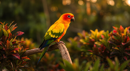 Obraz premium Vibrant Sun Conure Perched on a Branch, Surrounded by Lush Foliage and Warm Light