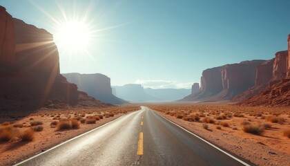 Open road curves through arid desert valley. Towering sandstone cliffs flank asphalt path under bright overhead sun and clear blue sky. Sparse vegetation dots rugged terrain.