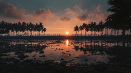 A serene tropical sunset with calm waters reflecting vibrant sky colors, silhouetted palm trees against the horizon,