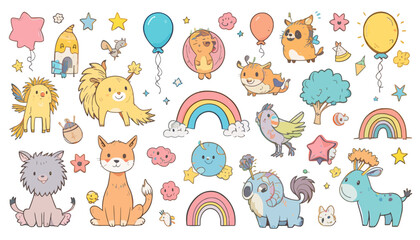 Fototapeta premium Cute Kids Vector Elements Set | Cartoon Animals, Toys, and Shapes