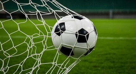 A soccer ball is caught in the net after a goal is scored during a competitive match on the green field