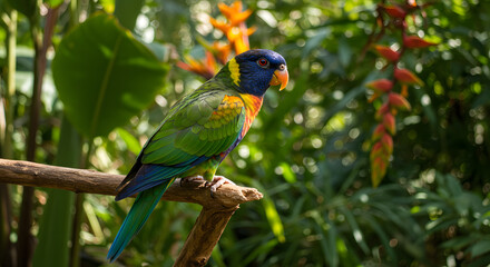 Naklejka premium Vibrant Rainbow Lorikeet perched gracefully on branch in lush tropical setting
