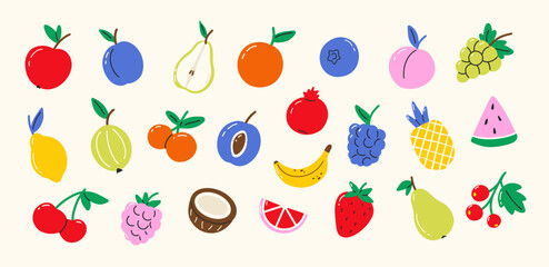 Cartoon stickers of berries and fruits set. Abstract seasonal and tropical exotic fruits in doodle groovy style, vegetarian healthy vitamins food. Retro vector illustration