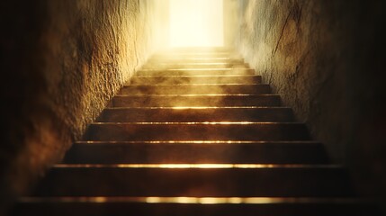 Stairway leading to bright light at the end of a dark tunnel with textured walls and a misty atmosphere