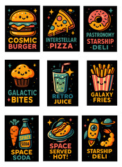 Cosmic Retro Food Vector Icons Featuring Space-Themed Treats at Starship Deli