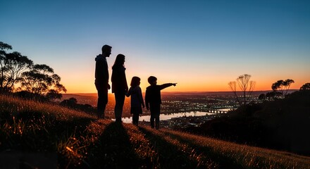 Fototapeta premium Family silhouette sunset view city landscape