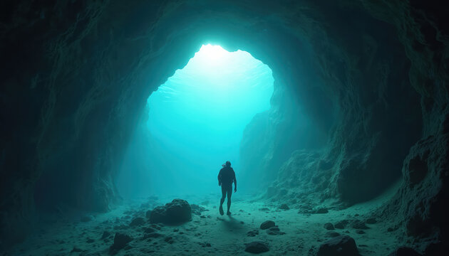 Diver explores glowing ocean cave entrance. Underwater scene features marine life, coral formations, and dramatic shadows. Surreal, mysterious journey into unknown depths.