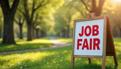 Outdoor job fair sign displayed in park setting on sunny spring day. Inviting message, engaging atmosphere, natural green plants, attractive layout, visibility, friendly message announces career