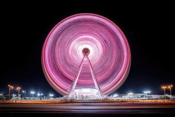 Night Ferris wheel, vibrant pink, blurred motion