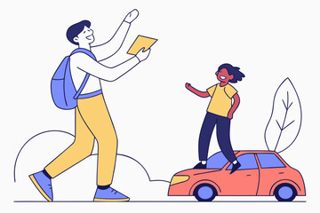 Obraz premium Teenager smiling after passing the driving test at the Illinois DMV, holding certificate, modern flat illustration style