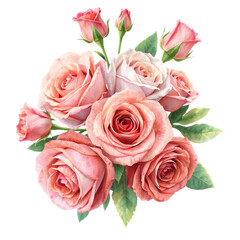 Fototapeta premium Beautiful bouquet of delicate pink roses and green leaves artfully arranged isolated on transparent background