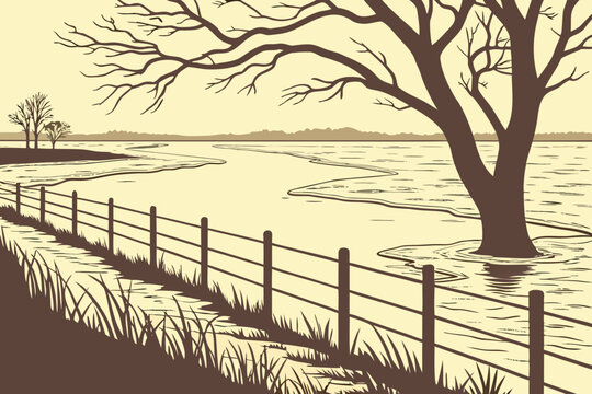 A swollen Illinois river overflowing its banks into nearby floodplain farmland, submerged fences and muddy waters stretching into the distance