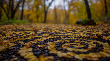 A wide-angle photograph of the ground covered in yellow and black leaves, creating intricate patterns that resemble spirals or circles.