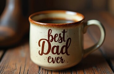 A rustic coffee cup reading best Dad ever sits on a wooden table, perfect for Father Day. This ceramic mug holds a warm, dark beverage, suggesting a cozy morning or thoughtful gift for dad.