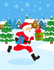 Santa Claus running with gifts in a snowy village