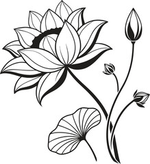 Elegant black lotus flower silhouette with buds and leaf on white background, hand-drawn floral vector illustration perfect for tattoos, wall  nature art, mehndi, and botanical designs.