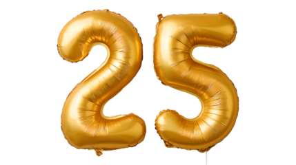 golden helium balloons forming the number 25 on transparent background
