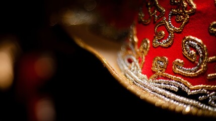 Fototapeta premium A close-up of a person wearing a red embroidered cap with intricate golden palace-like patterns,