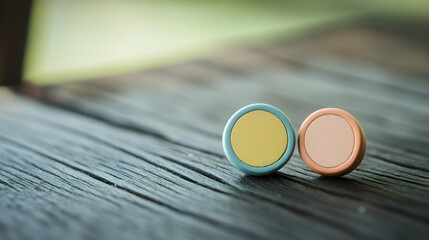 un fondo de madera con espacio de copia con un par de aretes circulares coloridos en tonos pastel redondos modernos de madera abstracto