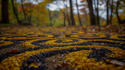 A wide-angle photograph of the ground covered in yellow and black leaves, creating intricate patterns that resemble spirals or circles.
