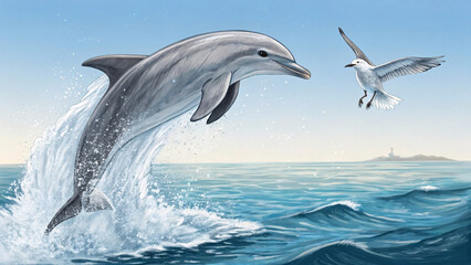 Dynamic ocean scene with gray dolphin leaping from blue waves while white seagull flies overhead near distant lighthouse island.
