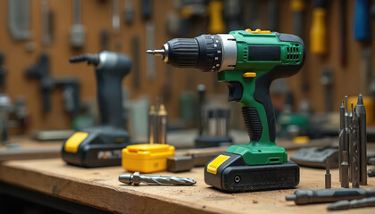 Cordless drill with drill bits, batteries sits on workbench in workshop. Modern power tool, essential for home repair, DIY projects. Includes spare batteries, various drill bits for different tasks.