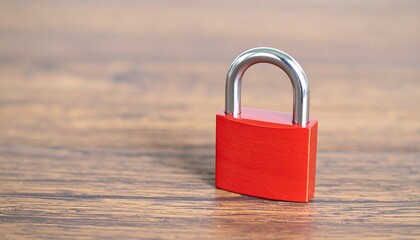 Red padlock on wooden surface