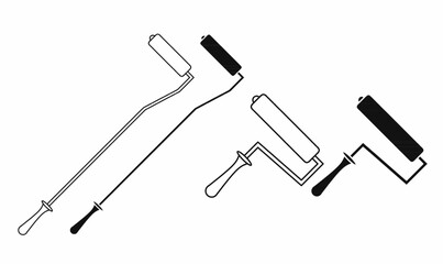 Vector set of paint rollers in outline and solid styles, including long-handle and short-handle types, ideal for painting tools, renovation, and DIY graphics.