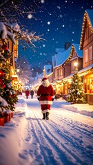 Santa Claus strolls snowy Christmas village at night