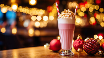 Pink milkshake with whipped cream and two striped straws on wooden table with festive red Christmas ornaments and warm bokeh lights in background creating cozy holiday mood