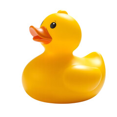 A classic bright yellow rubber duck toy with a pink beak and black eyes isolated on transparent background