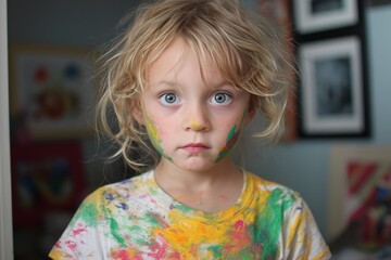Portrait of a messy child covered in colorful paint, enjoying creative playtime