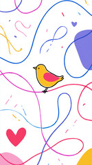 Cute yellow bird with blue wings and heart amidst colorful abstract strokes. doodle made with generative AI