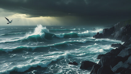 Dramatic Stormy Sea with Crashing Waves and Jagged Rocks, Panoramic Coastal Scene with Moody Sky and Dynamic Ocean Energy