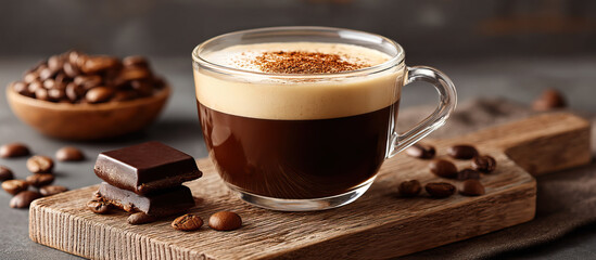 Coffee cup coffee bean chocolate wooden board foam hot drink beverage close up brown glass cup
