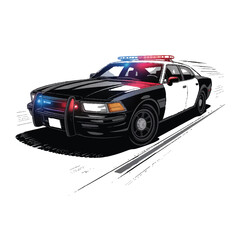 Vector art of a speeding police car with flashing red and blue lights, isolated on white background