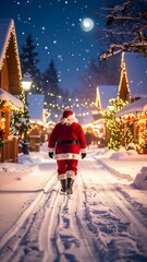 Santa Claus walks snowy Christmas village at night