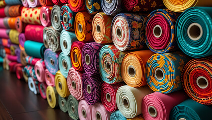 Fototapeta premium Colorful Rolls of Patterned Fabric in Vibrant Display,Floral, Paisley, and Geometric Textiles on Wooden Background