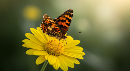 Delicate butterfly resting gracefully on a vibrant yellow daisy flower in a natural setting
