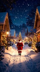 Santa Claus walks snowy village at night