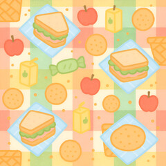 Fototapeta premium Cute Illustrated Picnic Food Pattern with Textured Sandwiches Apples and Juice Boxes.