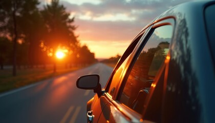 Car driving on road into golden sunset light. View from inside car window shows reflection of trees and sky. Scenic countryside journey during golden hour evokes travel adventure and freedom.