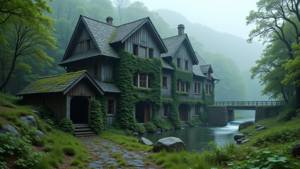 Fototapeta premium Large wooden farmhouse surrounded by misty forest representing rural living and agricultural tradition