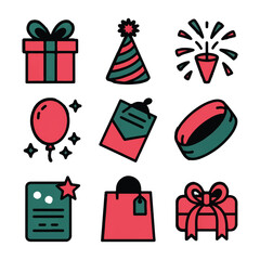 Vector art of collection of flat design icons for celebrations and gifts, featuring presents, balloons, and party elements, isolated on white background