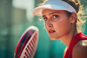 Focused young woman ready to dominate on the court, padel racket in hand and visor on