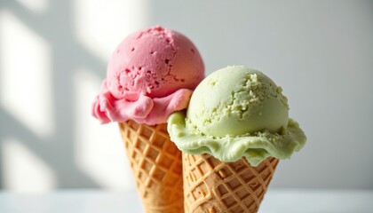 Two scoops of creamy ice cream in waffle cones. Pink strawberry, green pistachio flavors offer cold, refreshing summer treat. Delicious dessert with sunlight, shadow creating sweet, delectable visual.