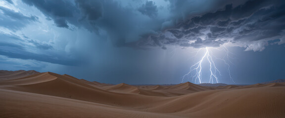 Dramatic lightning storm over serene desert landscape nature photography evening mood atmospheric view