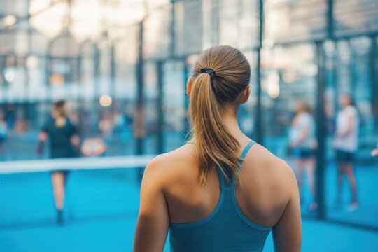 Focused woman athlete ready to play padel tennis on blue court outdoors in sunny weather for sports advertising