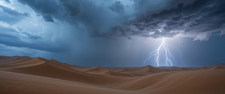 Dramatic lightning storm over serene desert landscape nature photography evening mood atmospheric view
