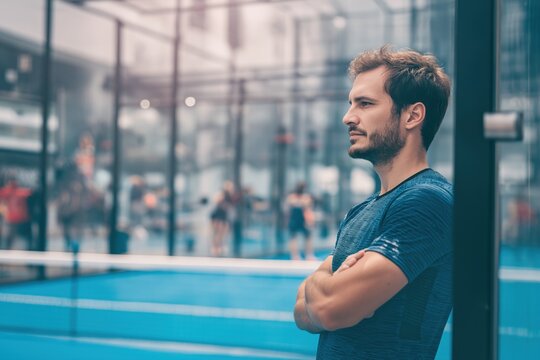 Confident athletic man contemplating padel tennis strategy at the court planning next move indoor vibrant sport